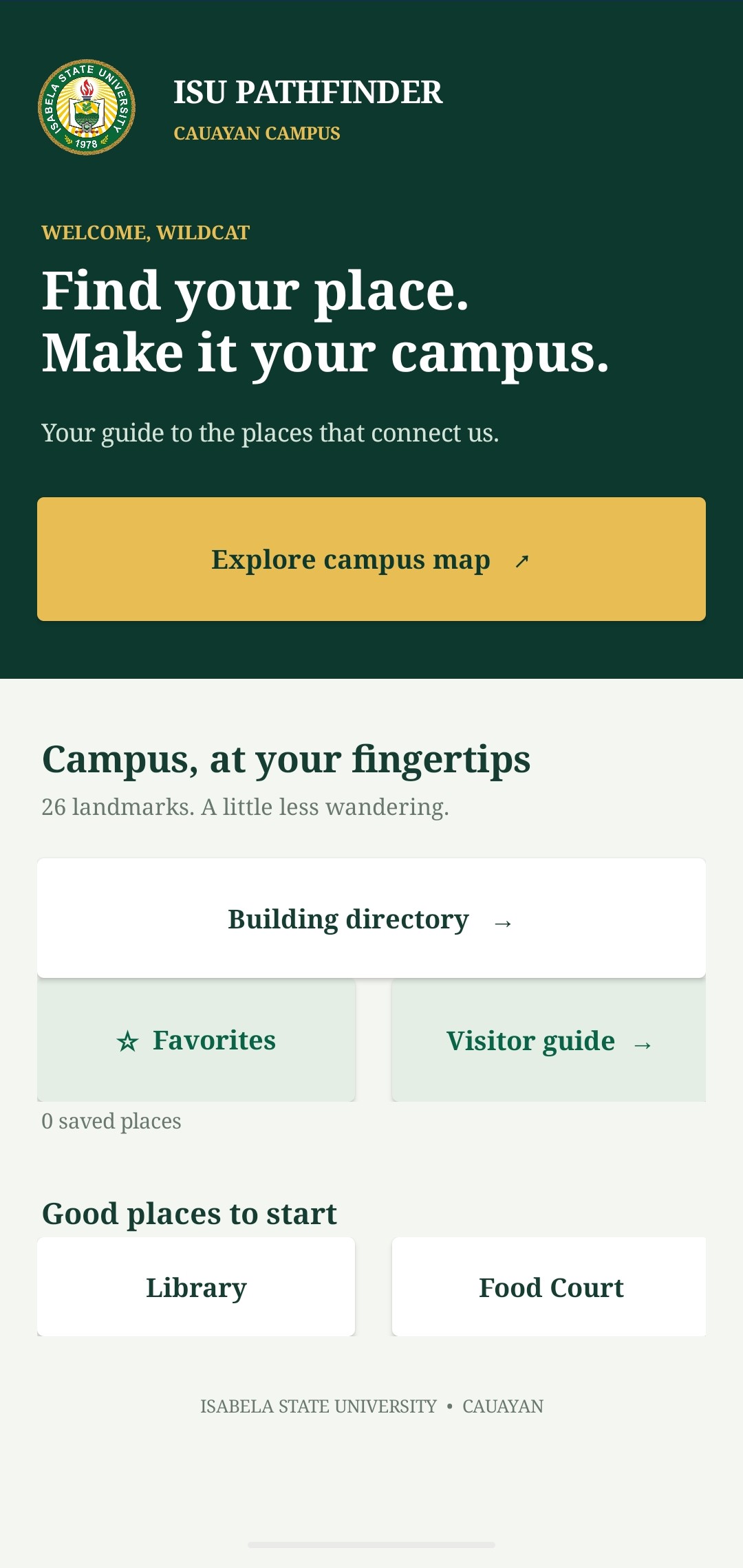 ISU Pathfinder home screen with campus map, directory, favorites, and visitor guide shortcuts