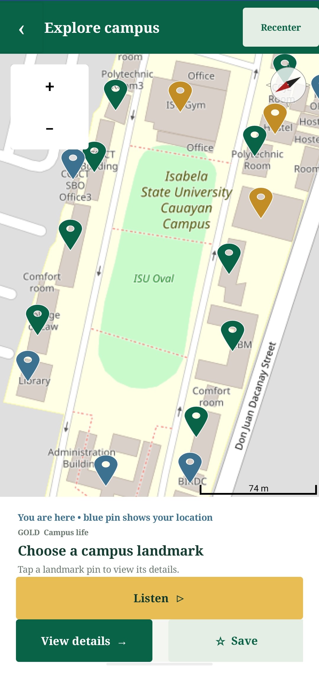 Campus map with landmark pins and the user's location