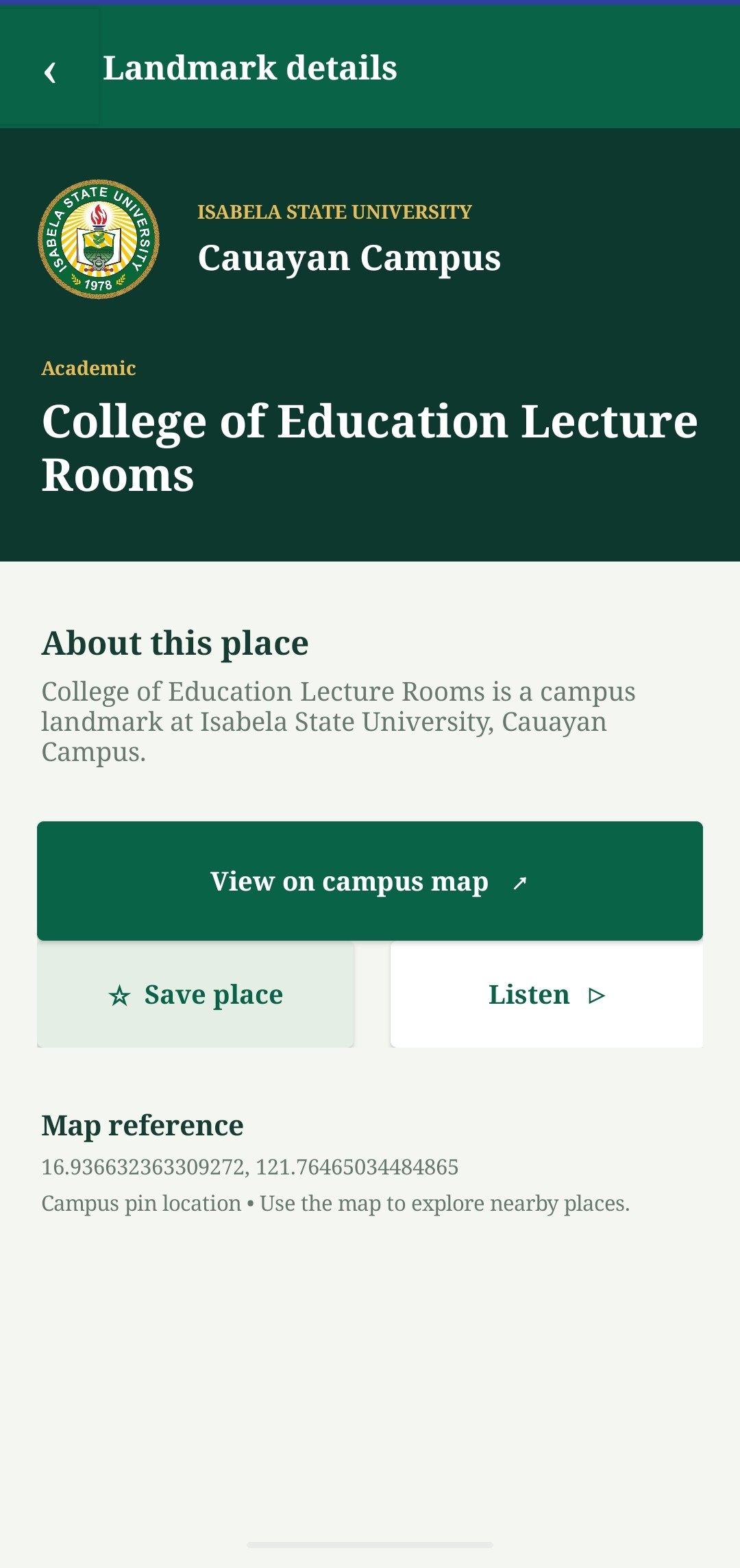 Campus landmark details with map and listen controls